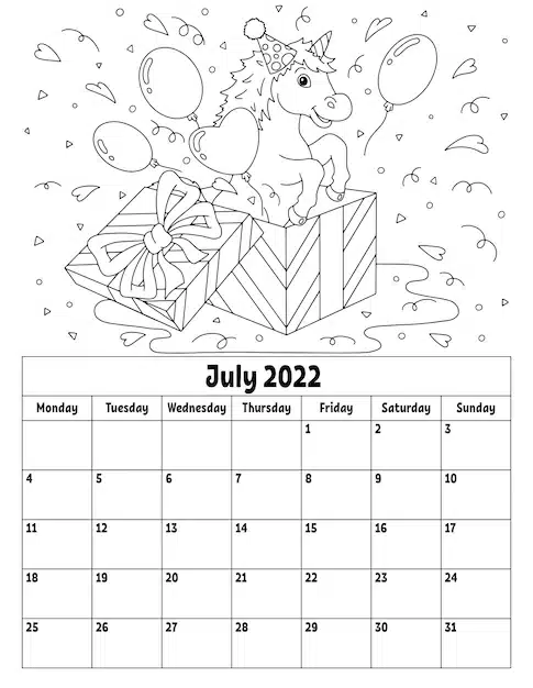 vertical calendar 2022 with cute character coloring page kids week starts monday isolated vector illustration cartoon style 78007 7365