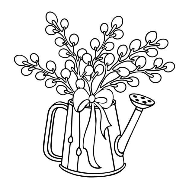 watering can with pussy willow branches ribbon outline doodle easter design premium vector 533403 62