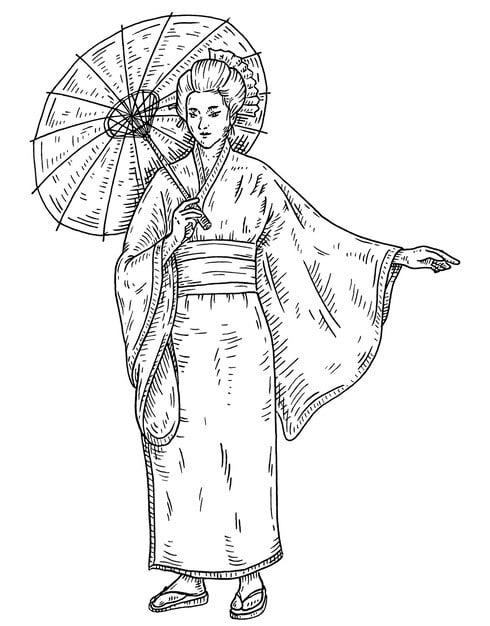 woman kimono with umbrella vintage vector engraving black illustration isolated white 520327 27