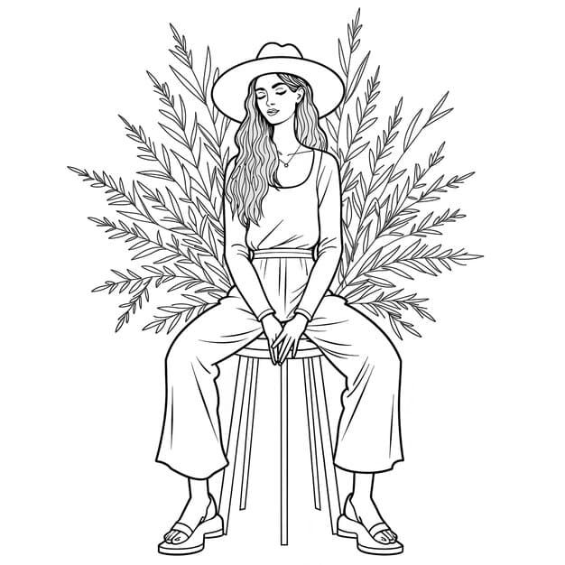 woman sits chair with long green leaves coloring page 1318039 3080