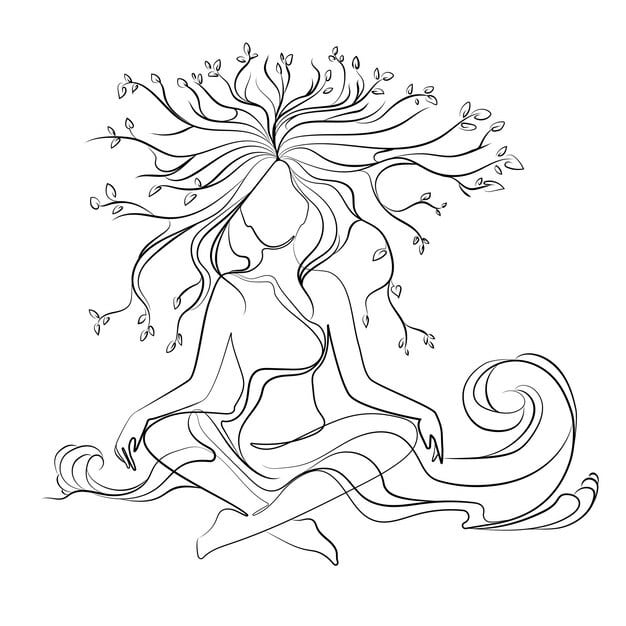 woman sitting lotus position with growing branches her hair sea waves vector drawing 549497 745