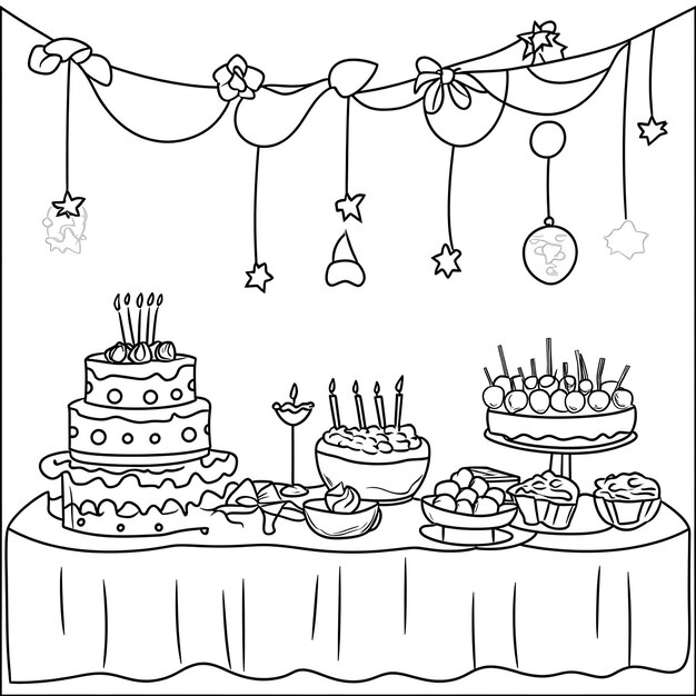 birthday party with streamers thick outline illustration clean background 1015293 111248