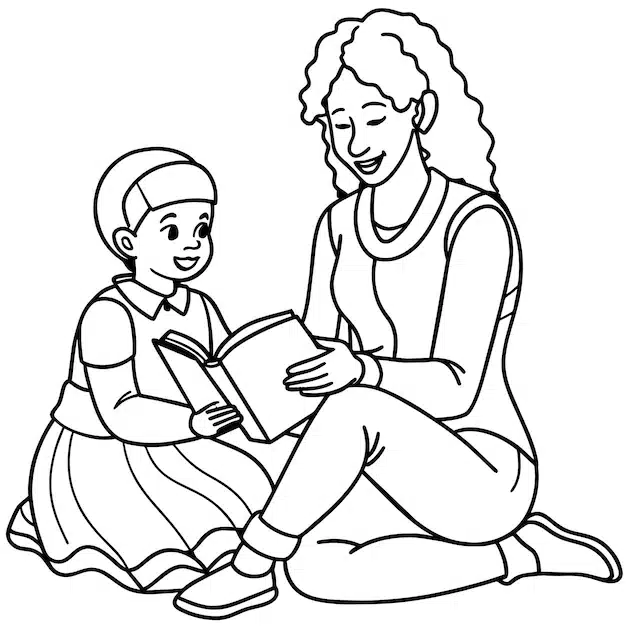 black white cartoon illustration mother reading book her son coloring book 852896 3097