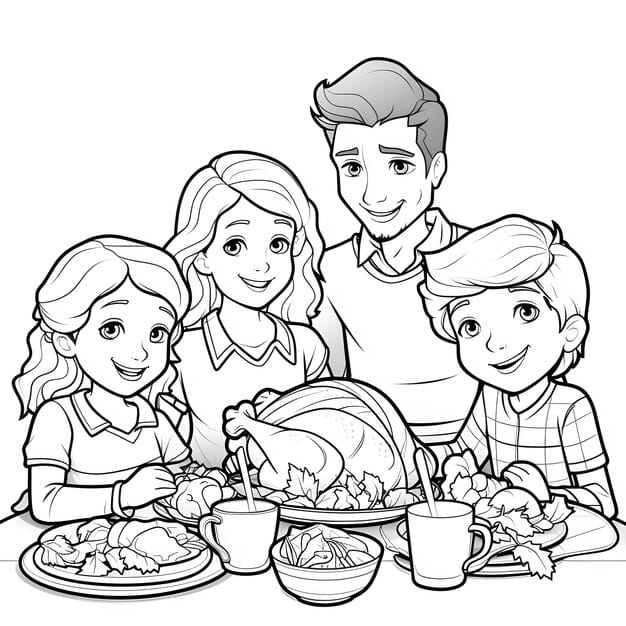 black white coloring book happy family thanksgiving feast with roast turkey turkey as main dish thanksgiving harvest 923894 7330