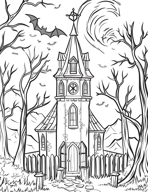 black white drawing church with bats flying it 1028873 112403