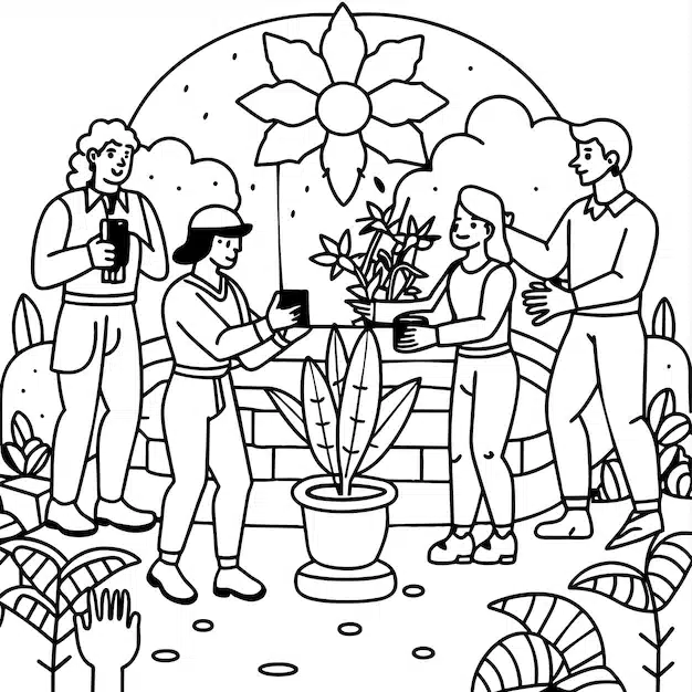 black white drawing group people with pot flowers 730620 527057