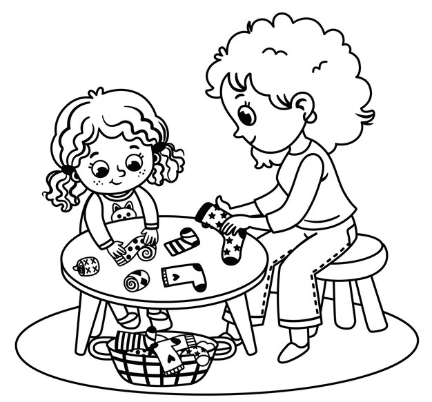 black white vector illustration little girl folding socks with her mother 491934 1083