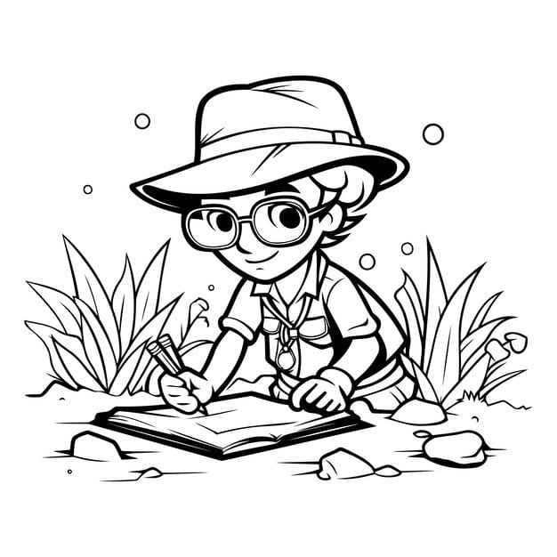 boy with glasses reading book garden black white vector illustration 1142 114296