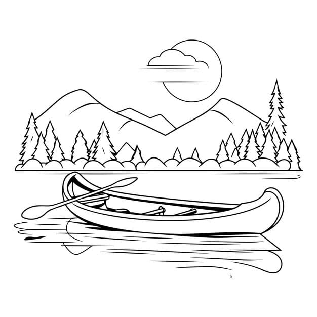 canoe lake with pine trees mountains vector illustration graphic design 1057 116923