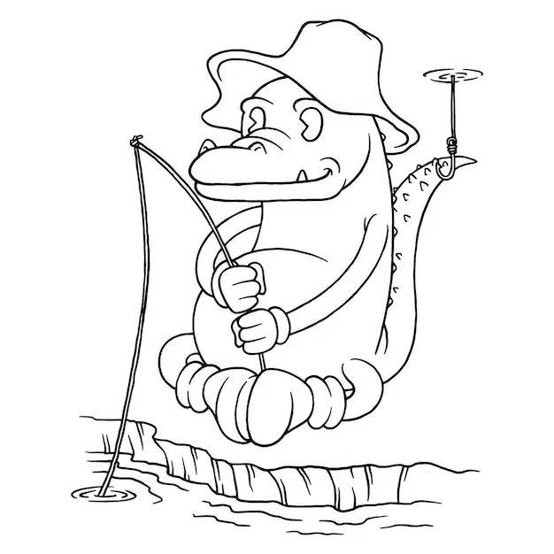 cartoon hippo with hat fishing rod is sitting dock 507877 1197