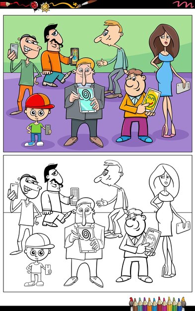 cartoon illustrations funny people characters group with smart devices coloring page 11460 17527