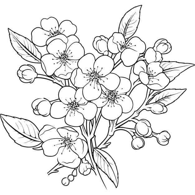 cherry flower blossom botanical art spring almond sakura apple tree branch hand draw doodle vector illustration cute black ink art isolated white background realistic floral bloom sketch 919294 756