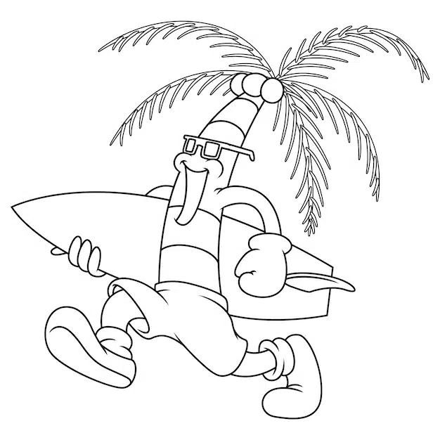 coloring illustration cartoon coconut tree going surfing 507877 522