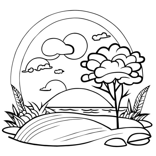 coloring page beach sunny day landscape with trees vector illustration 135595 111896