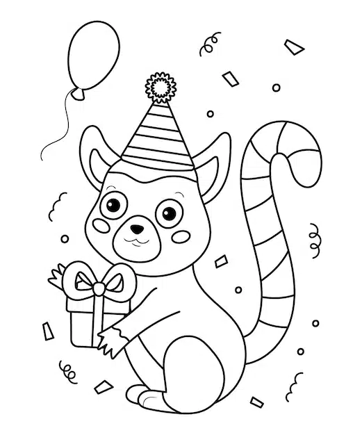 coloring page book cute cartoon lemur with gift balloon happy birthday illustration 106024 246