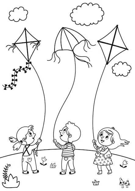 coloring page kids children playing kites black white vector illustration 491934 614