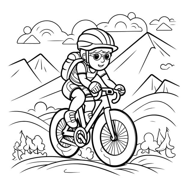 coloring page outline cyclist riding mountain bike 1057 114065