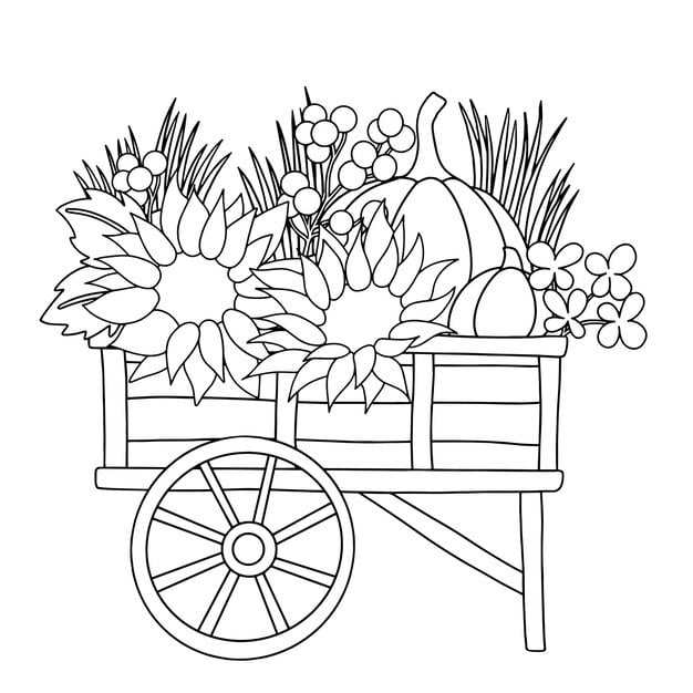 coloring page vector drawing cart with pumpkins sunflowers vintage style thanksgiving card 252097 7011