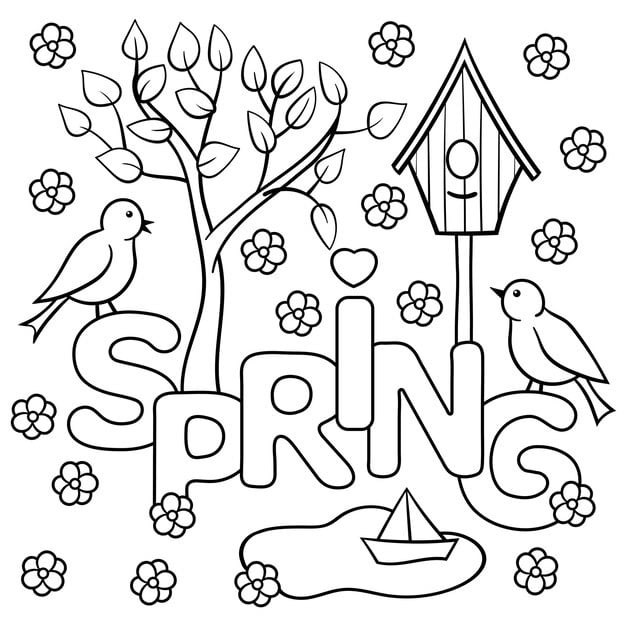 coloring page with word spring birds birdhouse leaves tree boat puddle flowers vector illustration 131240 2527