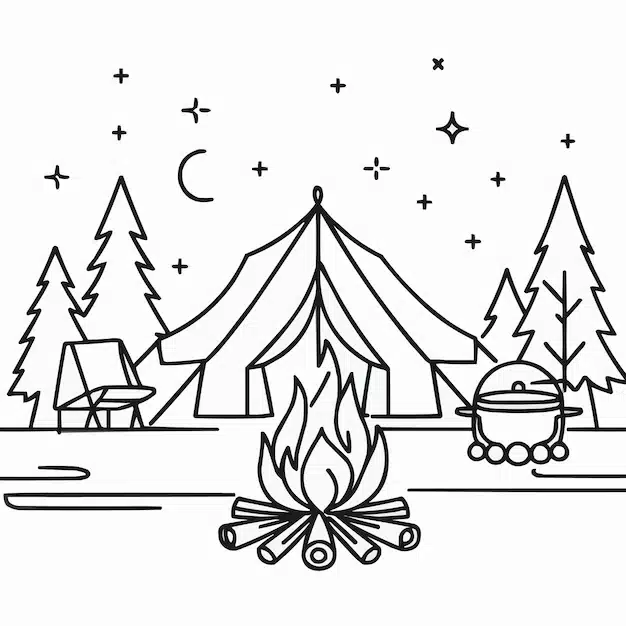 continuous one line drawing camping tent bonfire bonfire pot single line art vector illu 714183 1699