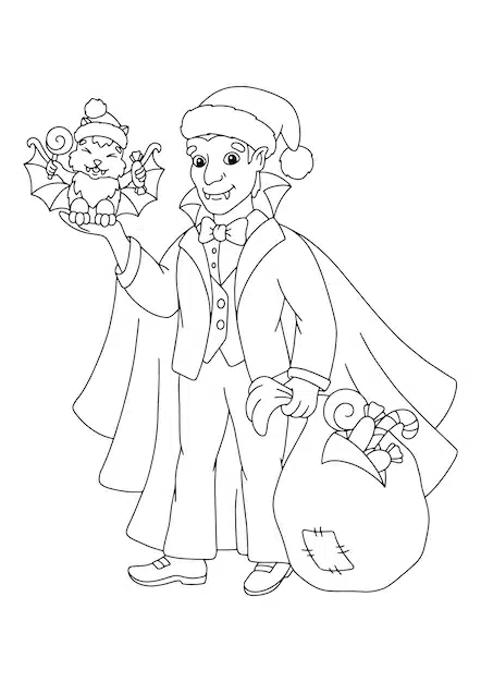 count dracula with christmas gifts coloring book page kids cartoon style character 78007 9976