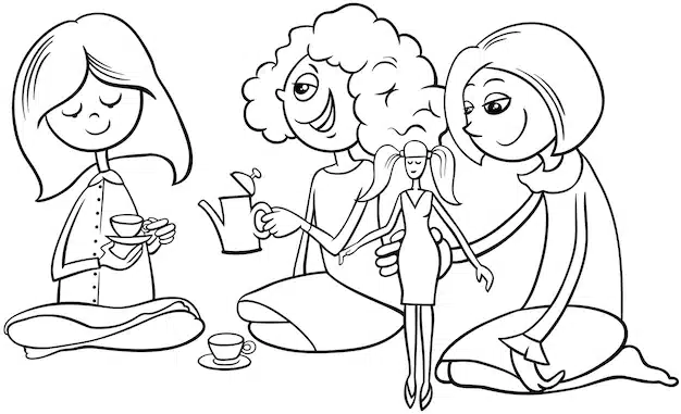 cute cartoon girls with toys playing house coloring page 11460 19750