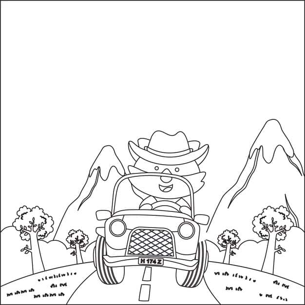 cute little fox cartoon having fun driving off road car sunny day colouring book page 447817 1248