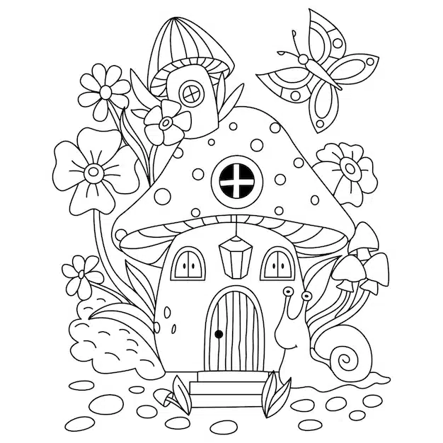 cute mushroom house with flowers decoration snell butterfly outline artwork coloring pages 708456 182