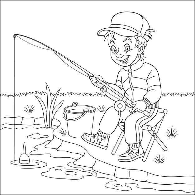 cute young boy fishing cartoon coloring book page kids 727710 417