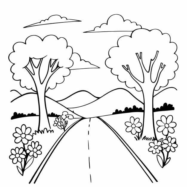 drawing road with trees road with sky with clouds 1119746 10472