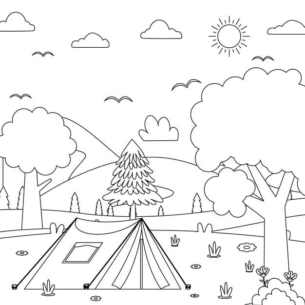 drawing tent with sun trees background camping coloring pages adults kid 315958 252