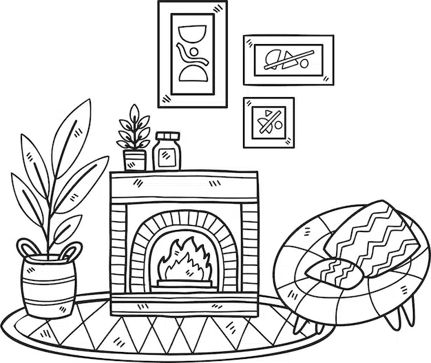 hand drawn fireplace with plants sofa interior room illustration 1375 7714