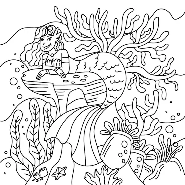 hand drawn mermaid coloring book illustration 23 2150101482