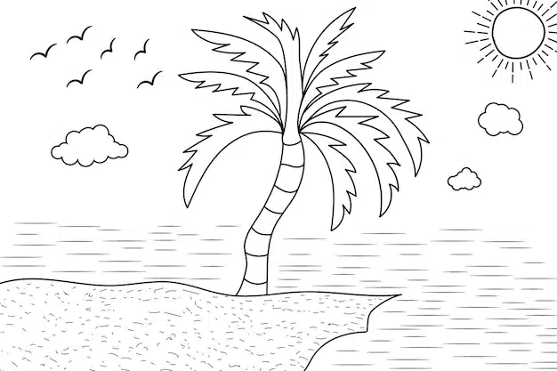 handdrawn summer sunset tropical beach line art vector illustration kids drawing beach coloring 617695 1363