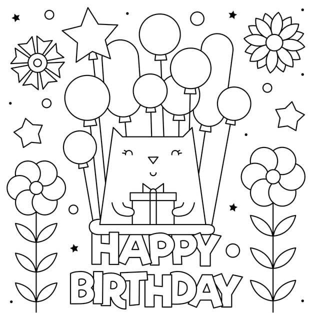 happy birthday coloring page black white cat with balloons 75299 139