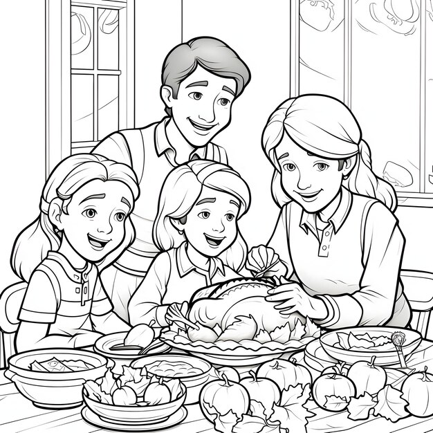 happy family thanksgiving day table black white coloring book turkey as main dish thanksgiving harvest 923894 7390