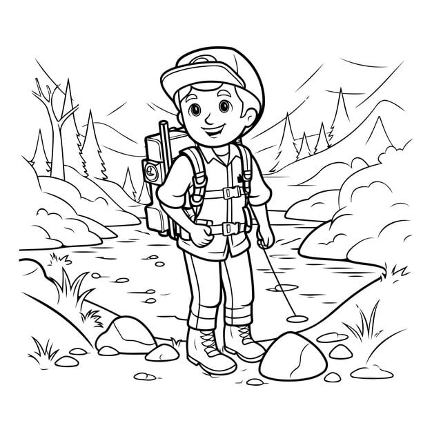 hiker boy with backpack trekking poles vector illustration 1142 160580