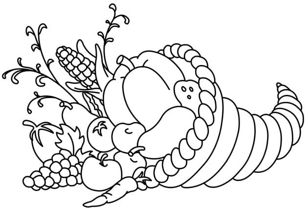 horn plenty cornucopia with autumn fruits vegetables vector line art coloring page 1303870 434