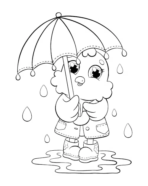 little cute chicken stands umbrella coloring book page kids cartoon style character vector illustration isolated white background 78007 8372