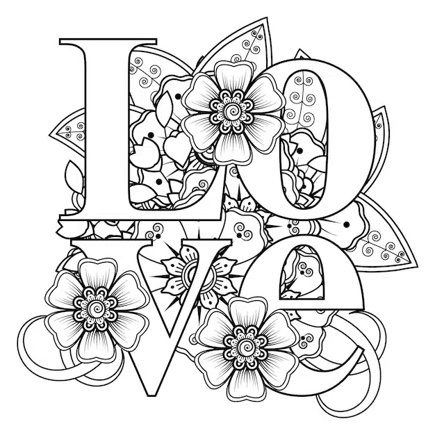 love words with mehndi flowers coloring book page doodle ornament 187069 12318