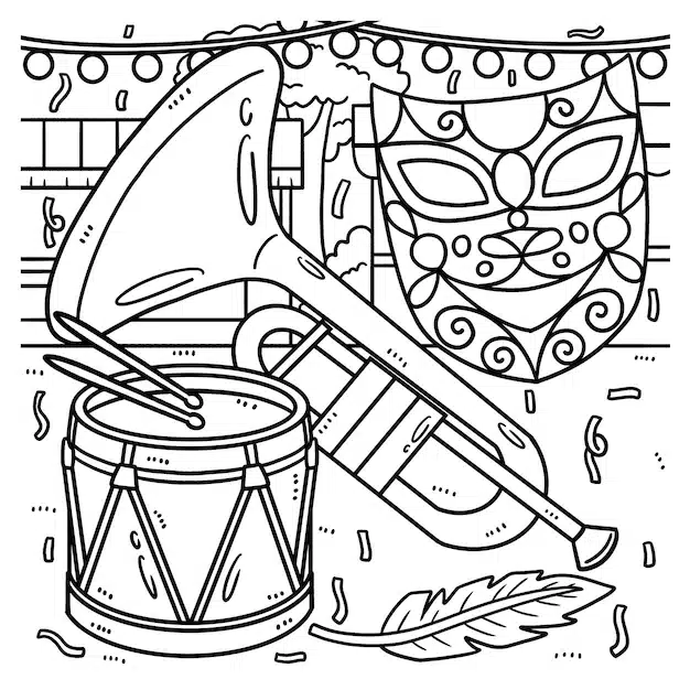 mardi gras trumpet drum mask coloring page 576561 5701