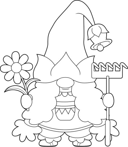 outlined cute female gnome cartoon character with flower holding garden rake 20412 2291