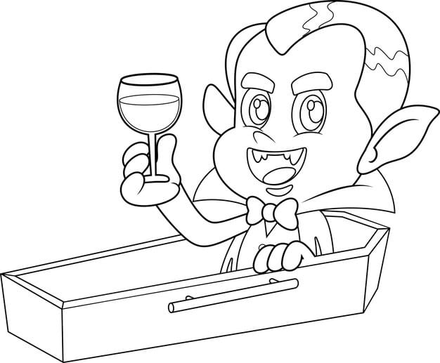 outlined halloween vampire cartoon character sitting coffin with glass blood 20412 3382