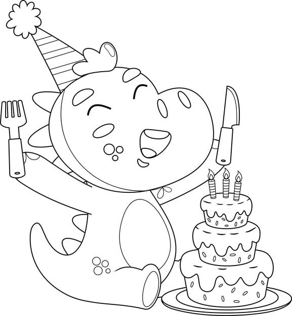 outlined happy dinosaur cartoon character is looking birthday cake with fork knife 20412 3342