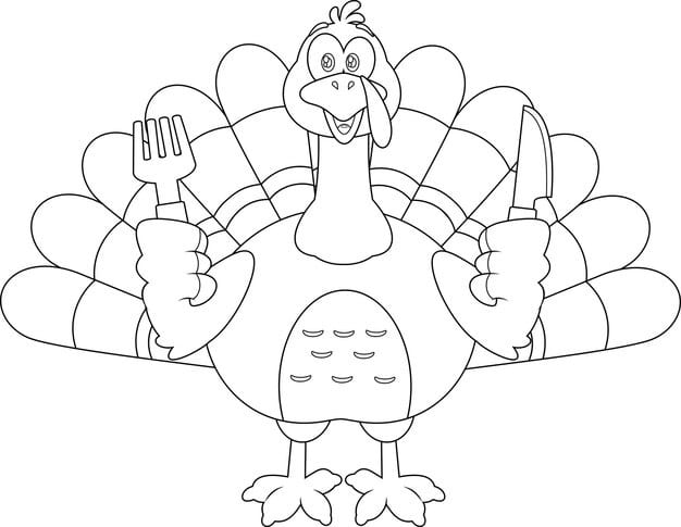 outlined happy thanksgiving turkey bird cartoon character with knife fork 20412 5214 1