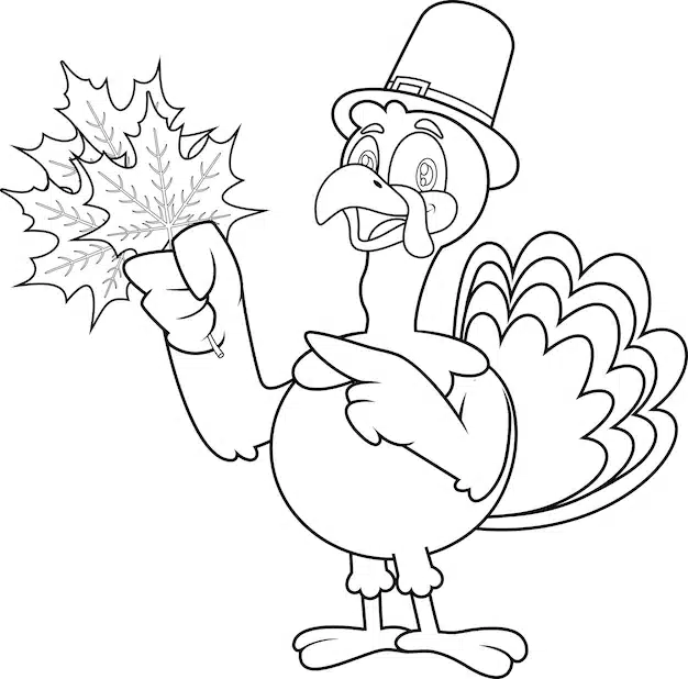 outlined smiling pilgrim turkey cartoon character holding autumn leaves 20412 3498