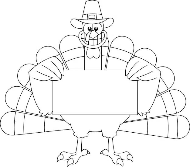 outlined smiling turkey cartoon character with pilgrim hat holding blank sign 20412 1800