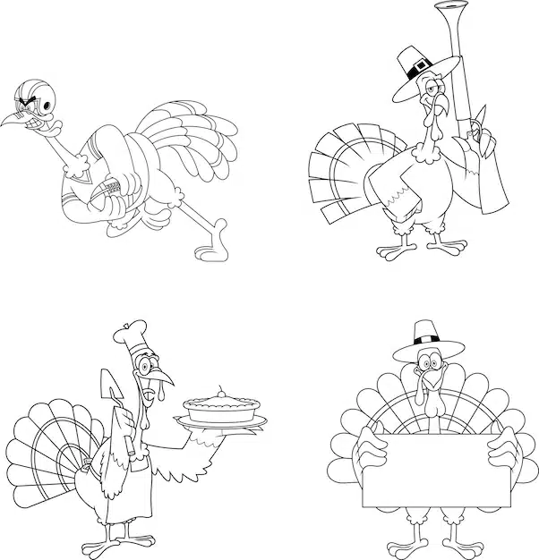 outlined turkey bird cartoon characters vector hand drawn collection set 20412 1316