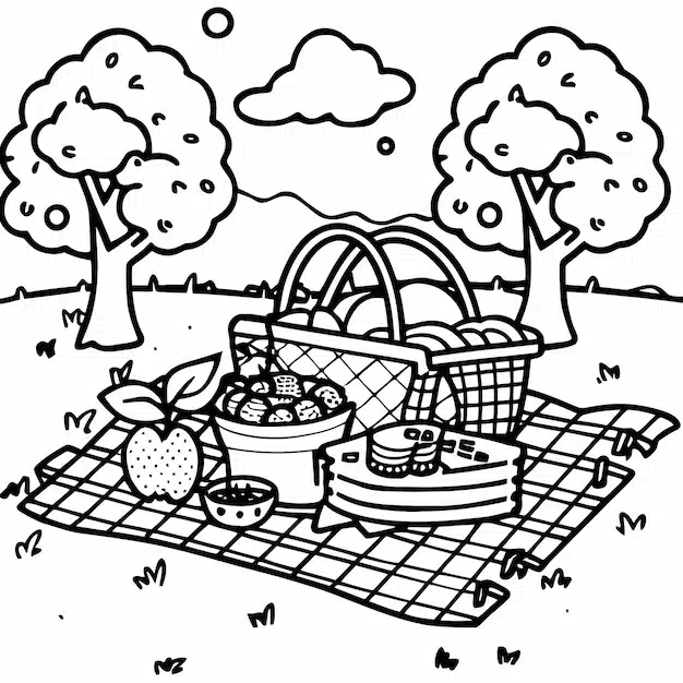 picnic scene with sandwiches fruit coloring page 141279 899