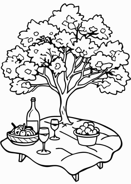 picturesque picnic scene blooming tree vector illustration line art 969863 348555